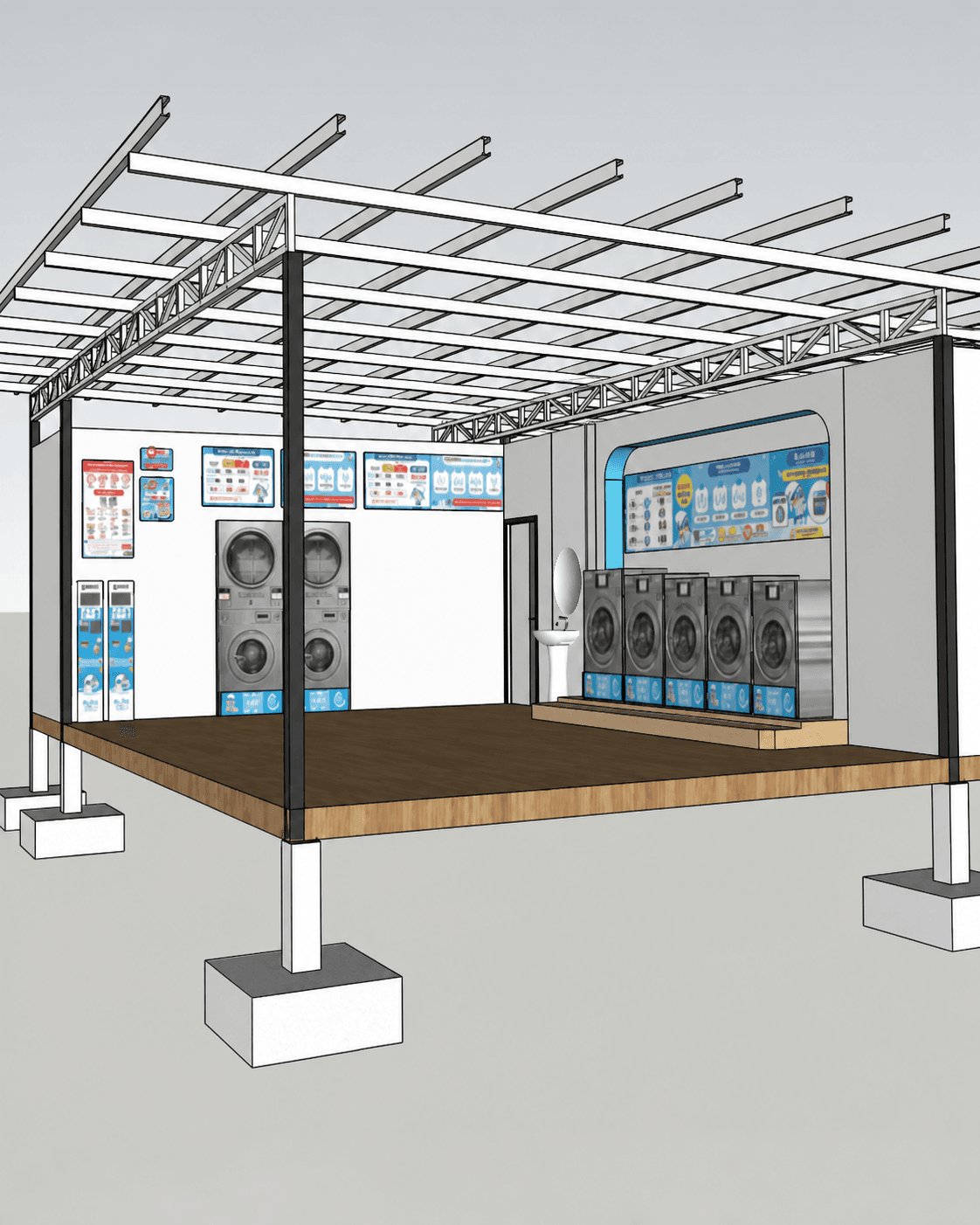 แบบจำลอง SketchUp แสดงโครงสร้างและผังเครื่องภายในร้าน